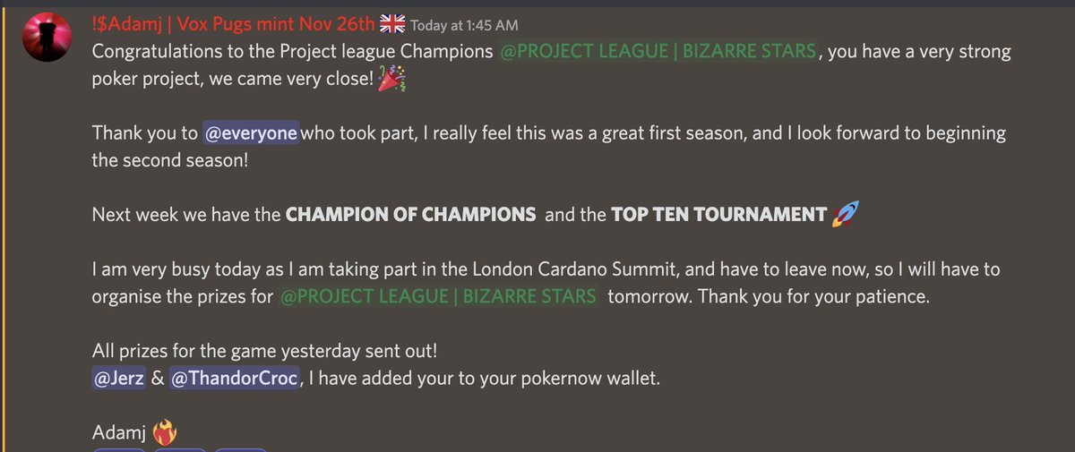 Bizarre Stars (@bizarrestarsnft) on Twitter photo Thank you to @realspacepugs and @SpacePugsAdam for hosting and inviting us to this 10 week long project poker tournament!! 25+ projects participated and I'm happy to say Bizarre Stars are your league CHAMPS! 🏆
Cannot wait to see your poker platform @CardanoPokerio come to life! Thank you to @realspacepugs and @SpacePugsAdam for hosting and inviting us to this 10 week long project poker tournament!! 25+ projects participated and I'm happy to say Bizarre Stars are your league CHAMPS! 🏆
Cannot wait to see your poker platform @CardanoPokerio come to life!
