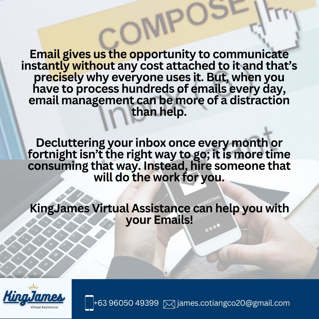 ian_cotiangco's tweet image. Allow your email handler to take the lead on your email marketing strategies. Its primary responsibilities include running complete email marketing campaigns, managing email databases, and creating newsletters. 
#EmailHandling #Manage #Clients #Mail  #VA