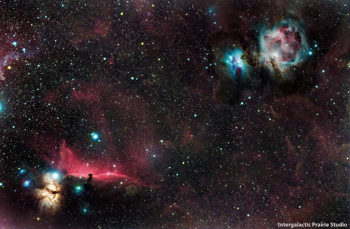 freedomfeens's tweet photo. My latest #astrophotography photo.  It's the Orion Nebula top right, Horsehead Nebula bottom left.

Taken over two nights this week.   IR modified Canon 90D, RedCat 51 telescope, Sky-Watcher EQ6-R Pro mount. 

5 hours and 9 minutes of 60-second exposures, 800 ISO. https://t.co/jjwPYGsfwv