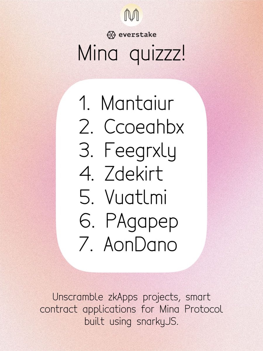 DariaEverstake's tweet photo. Mina quiz!

How well do you know @MinaProtocol ZkApps?

ZkApps are SNARK Powered Apps built on Mina Protocol.

Here are some projects, that you need to unscramble 😼

Write your thoughts in comments! Good luck! https://t.co/g18IVSbmsy