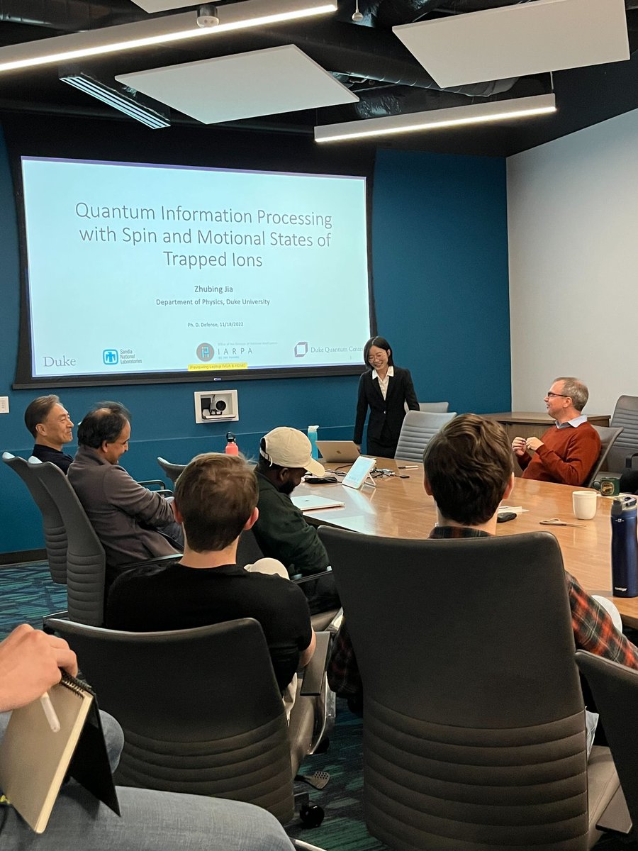 kenbrownquantum's tweet photo. Dr. Zhubing Jia @DukePhysics successfully defended her thesis on Quantum Information Processing with Spin and Motional States of Trapped Ions. Gloria will next join @IllinoisQuantum as a postdoc with Prof. Jake Covey. Congratulations to Gloria! #DukeQuantumCenter https://t.co/aUXmS0BQZn