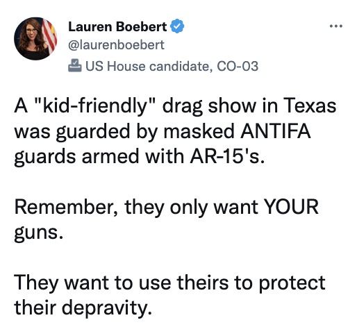 NoLieWithBTC's tweet photo. Colorado’s most high-profile politician is a gun-toting MAGA extremist who calls drag shows “depravity.”

There is a direct line between MAGA and the Colorado Springs shooting. https://t.co/zygF5rHHmD