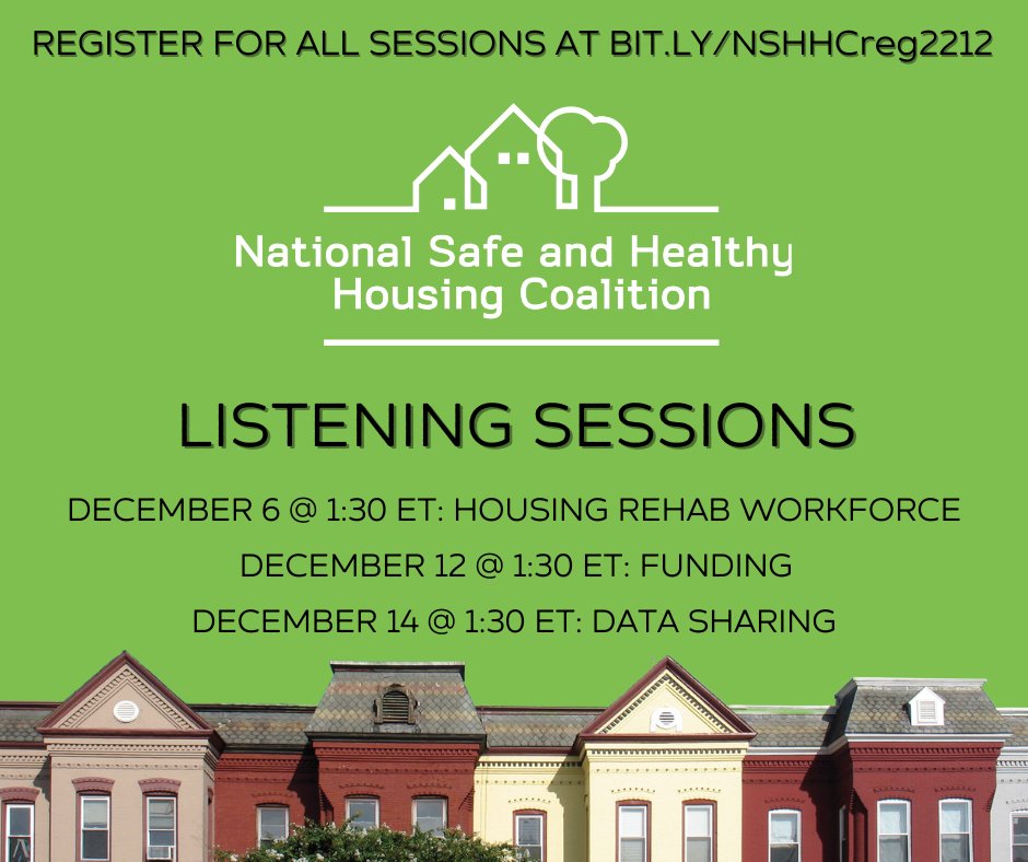 NSHHCoalition's tweet photo. Join NSHHC next month for these listening sessions! Reflect on current organizational/community needs &amp; opportunities plus what future activities/benefits we can offer.  

• 12/6: Housing Rehab Workforce 
• 12/12: Funding
• 12/14: Data Sharing

Sign up: https://t.co/3qovosDhwb https://t.co/m6wnrSU39v