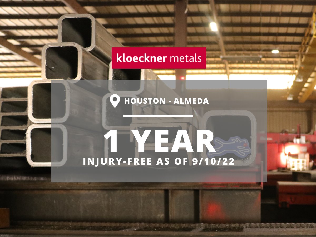 A big congratulations is in order for our Houston (Almeda) branch for 1 year injury free! This branch is one of two Kloeckner branches located in Houston and is 11 miles from the downtown area. Processes in this facility include thermal cutting, structural cambering, and sawing.