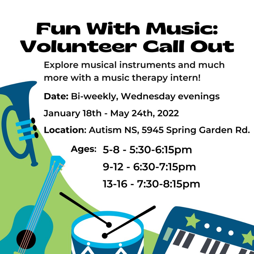 We are looking for volunteers for our Fun with Music program. 
As a non-profit organization, our programs could not run without the help of our wonderful volunteers. 

For information on volunteering with Autism Nova Scotia, email Caitlyn Temple. 
Email: ctemple@autismns.ca