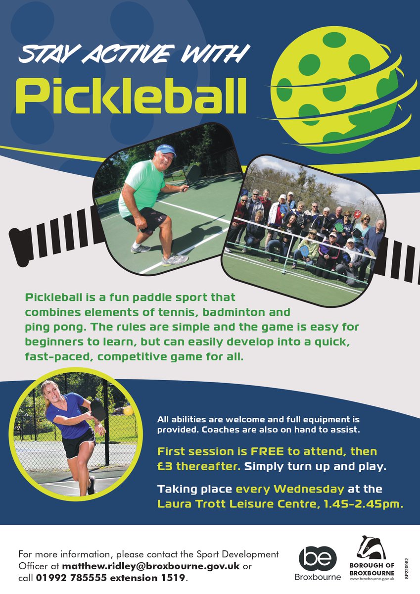 BroxbourneBC's tweet image. Come and try a Pickleball session at The Laura Trott Leisure Centre.

First session is free.

All ages and abilities welcome and there are friendly coaches on hand to teach you how to play.

Days: Every Wednesday
Time: 1.45pm to 2.45pm
Location: The Laura Trott Leisure Centre