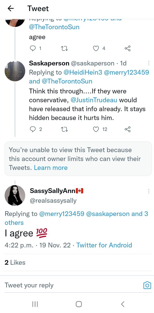 saskaperson's tweet photo. @realsassysally @merry123459 @HeidiHein3 @TheTorontoSun @JustinTrudeau I wish everyone involved here was mature so that we could continue the conversation.  But @merry123459 doesn't believe in open discourse. Seems they believe in wall building though. https://t.co/C3YC4ZJAM7