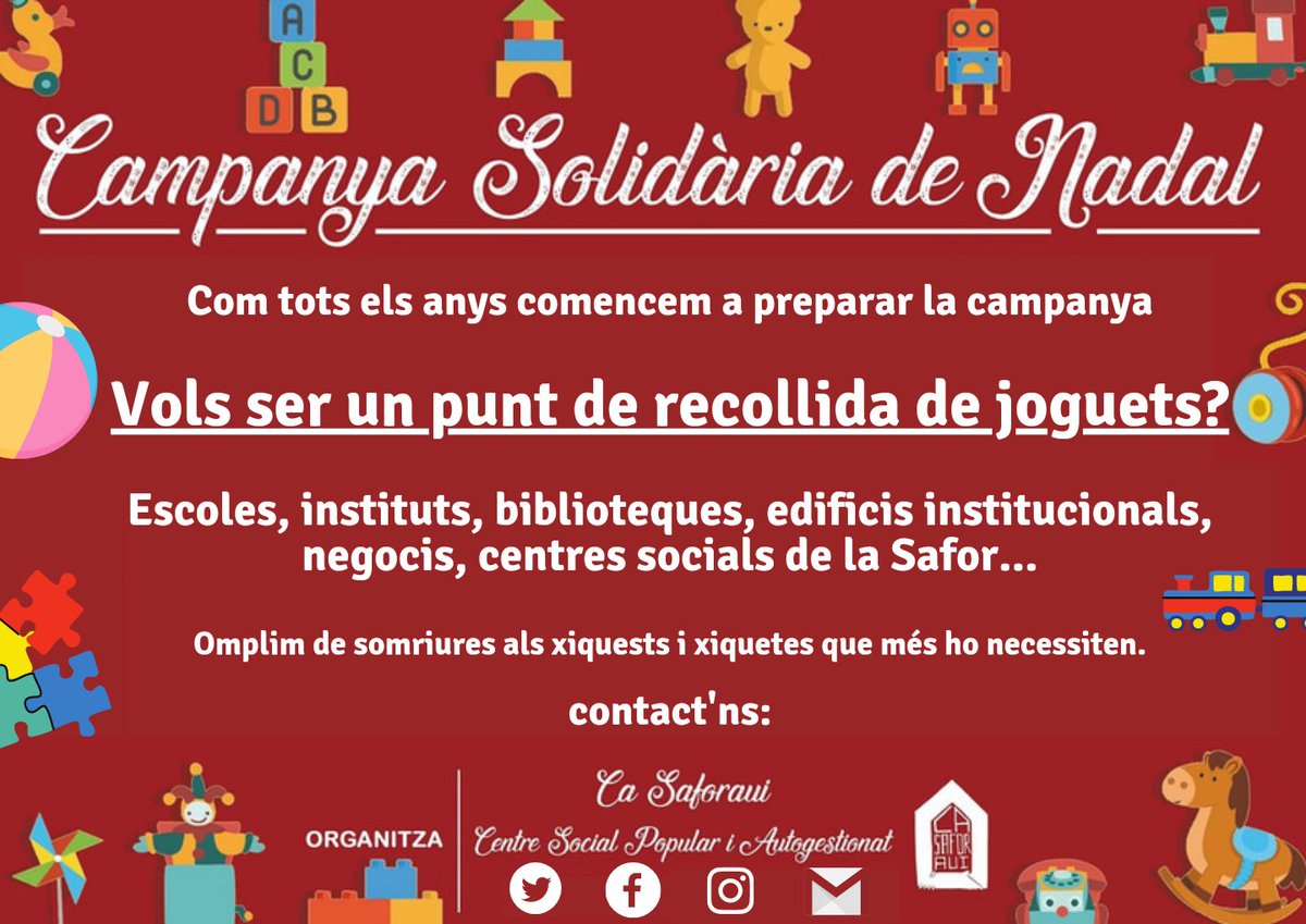 🎁 Un altre any comencem a preparar la campanya de recollida de joguets de nadal.

📥 Si vols ser un punt de recollida contacta'ns i t'informem. Dirigit a qualsevol espai amb horari d'apertura a qualsevol poble de la Safor.

Ajuda'ns a omplir els somriures!.