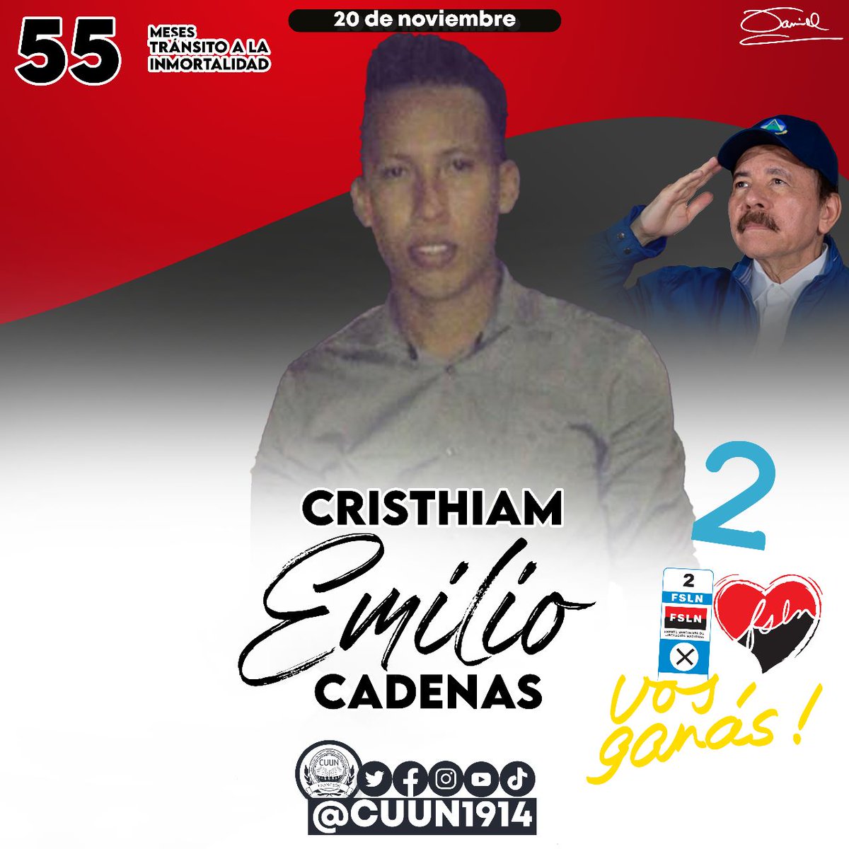 A 55 Meses del tránsito a la Inmortalidad de nuestro hermano, Héroe de La Paz Cristhiam Emilio Cadenas.

¡TU CUUN TE DICE PRESENTE!
¡Leales siempre, Traidores nunca!

#CUUN1914