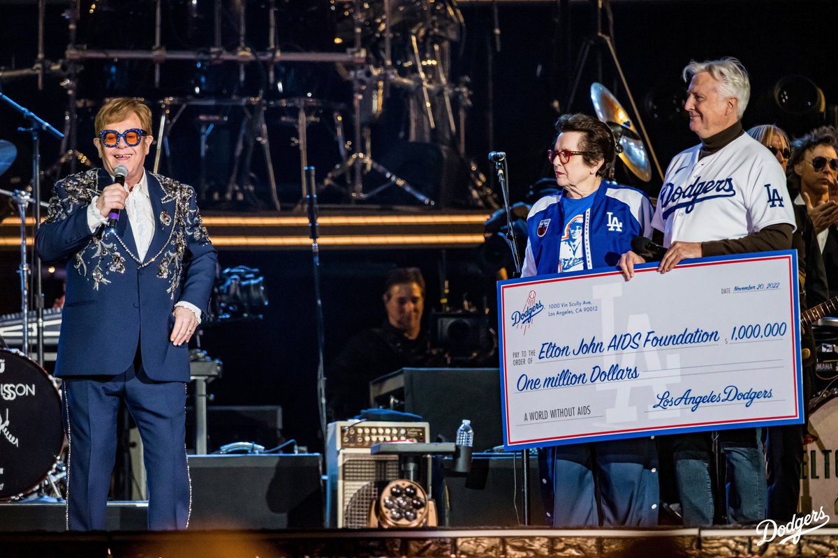 Dodgers's tweet photo. Last night, Mark Walter and Billie Jean King joined Elton John on stage to present a $1 million donation from the Dodgers to the Elton John AIDS Foundation in honor of Elton John’s final tour in the United States, which culminates with three sold out shows at Dodger Stadium. https://t.co/LPBVGaZsbL