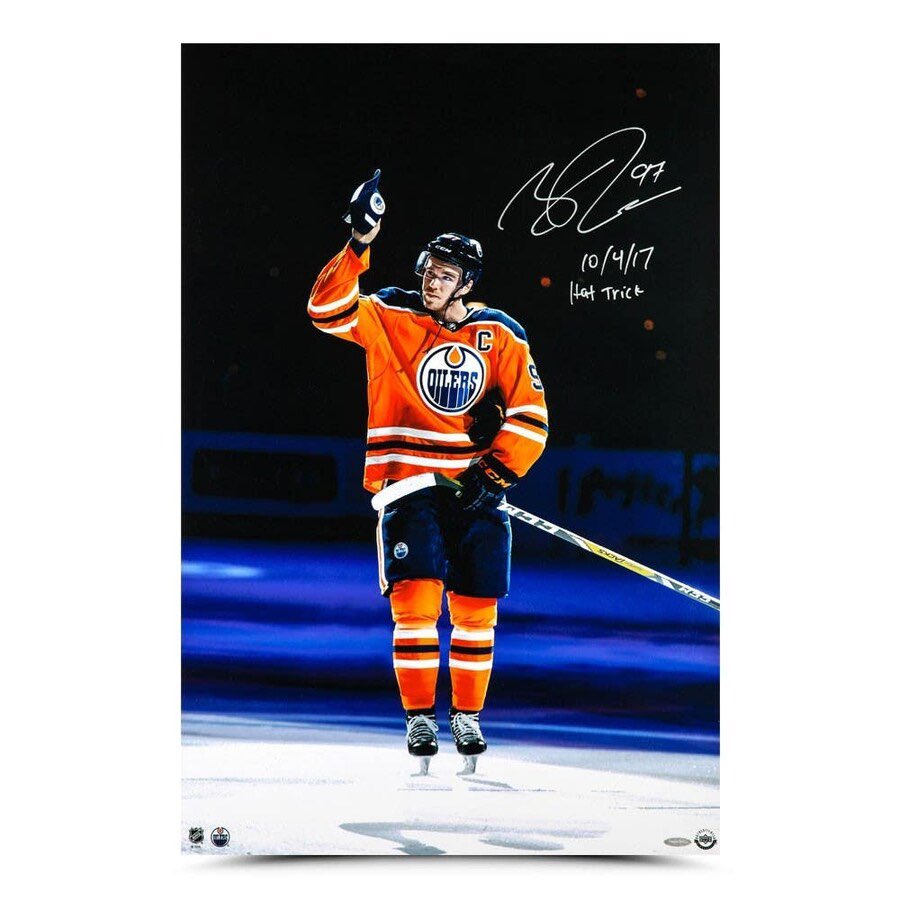 Connor McDavid Autographed &amp; Inscribed "Opening Night Hat Trick" 20 x 30 - Upper Deck       After winning the NHL MVP as well as the Art Ross Trophy, McDavid started the next season with an impressive home opener sportsmemorabilia.evyy.net/c/1360066/8407…
