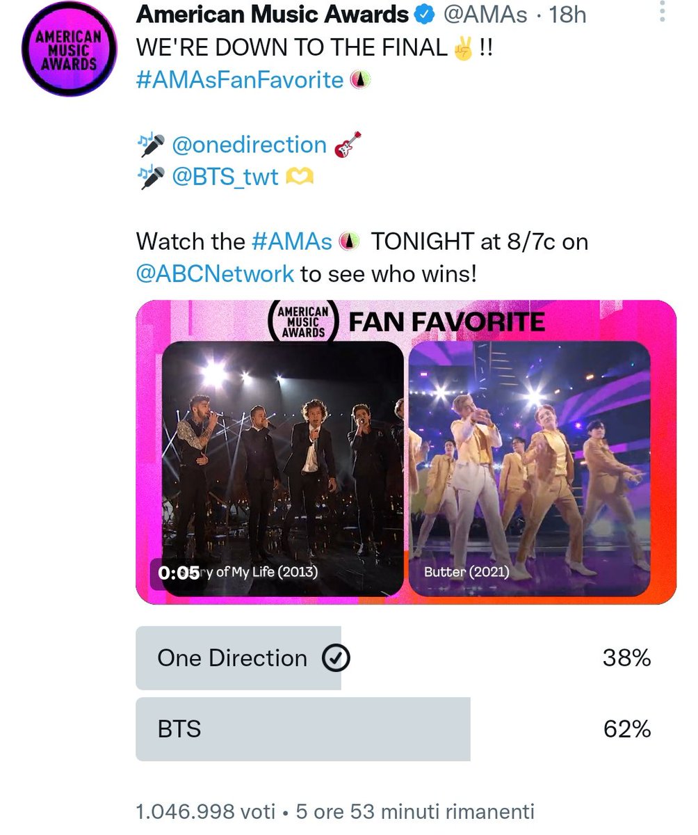 little_fl0w3r's tweet photo. Questa è la situazione attuale, probabilmente non vinceremo però continuare non ci costa nulla
VOTE THE POLL &amp; RT 
I'm voting for #OneDirection "Story Of My Life" (2013) for #AMAsFanFavorite     at the #AMAs https://t.co/Aizf5NFsRC