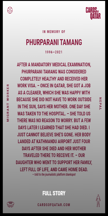 Začalo⚽️MS v Kataru a tohle je Phurparani, bylo jí 25 let (<a href="/CardsOfQatar/">Cards of Qatar</a>)

Do Kataru odletěla v 25 letech plná života a vrátila se rodičům do Nepálu v rakvi. Bez vysvětlení. Takových byly tisíce. Na jejich oběti a krvi tenhle turnaj stojí.

Chtěl bych poděkovat těm... 🧵👇 (1/X)