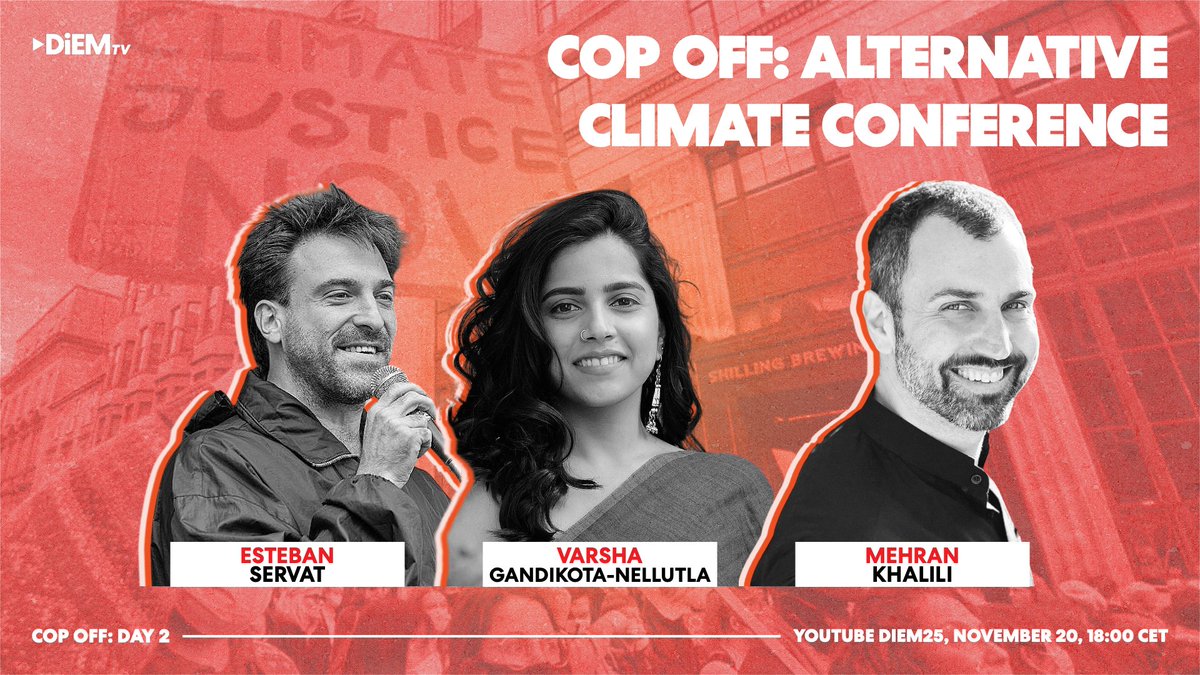 DiEM_25's tweet photo. Live in 30 minutes!
@EstebanServat from EcoLeaks and @DebtforClimate will join the @ProgIntl's @VarshaGandikota in talking to @mkhalili about effective ways to bring about a just green transition: https://t.co/RwMVazKDYB
Join live us for #COPOFF 2022! https://t.co/wSnOKAErWb
