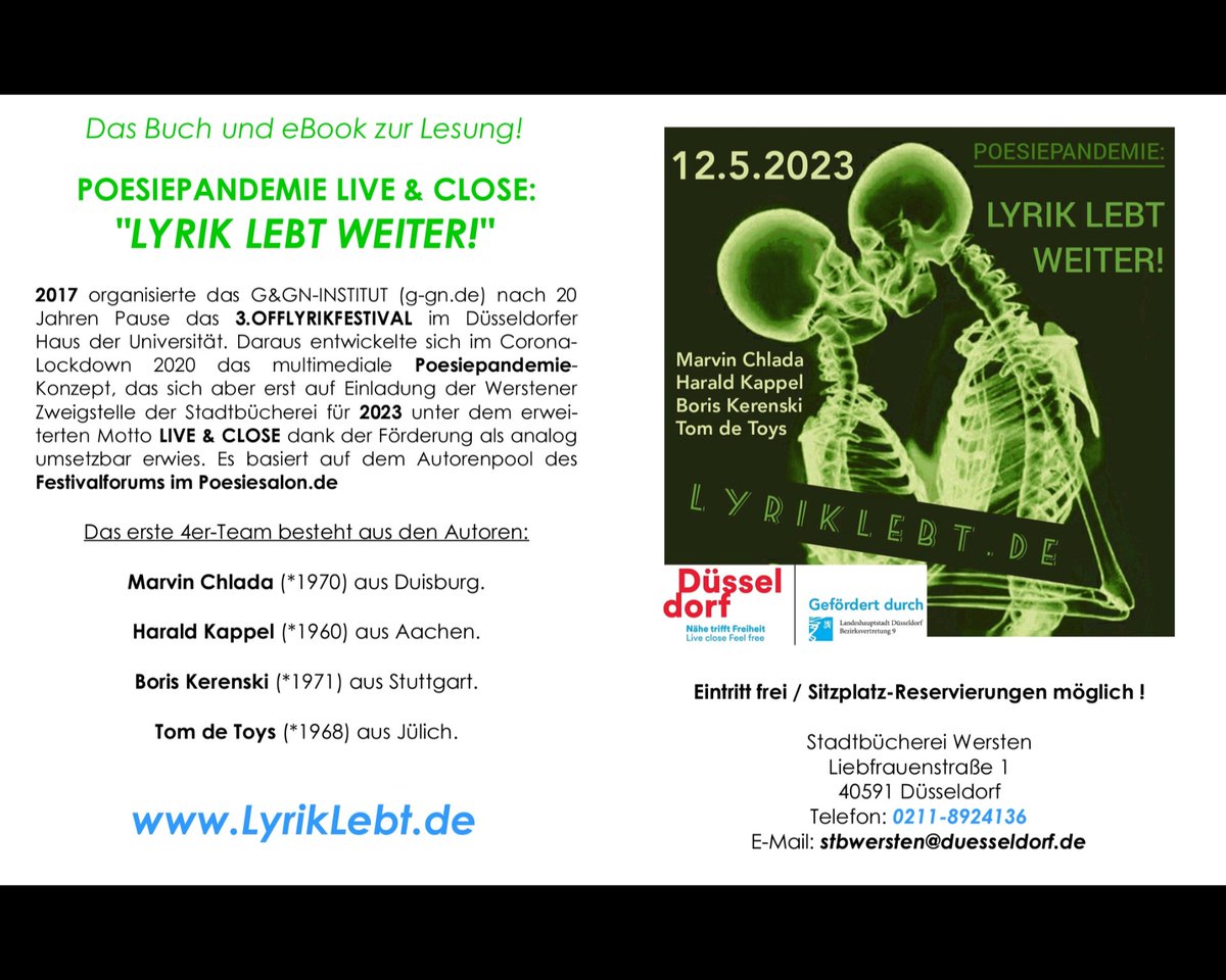 POPLITERATUR's tweet photo. Anthologie zur Lesung @stadtbueduedorf "POESIEPANDEMIE LIVE &amp; CLOSE: LYRIK LEBT WEITER!" @ https://t.co/KFpOCcPcuQ Verlag: https://t.co/pMbNiGtiin LESEPROBE: https://t.co/FJJx6yVUvr Marvin Chlada (Duisburg), Harald Kappel (Aachen), Boris Kerenski (Stuttgart), Tom de Toys (Jülich) https://t.co/cny7UJpiBZ
