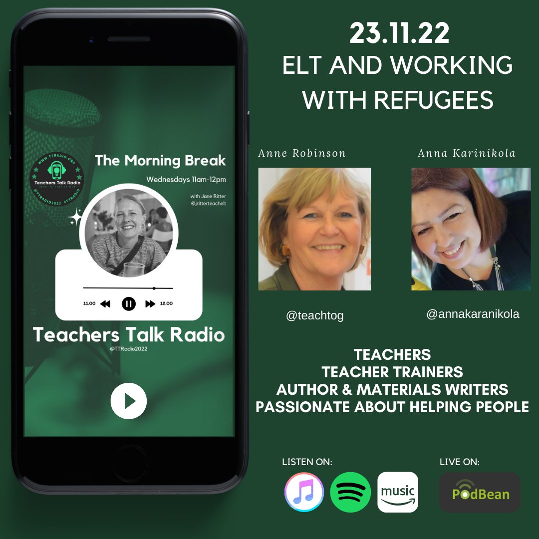 On Wednesday I have two amazing guests - Anne Robinson and Anna Karanikola. We will be talking about teaching, training and working with refugees.
Tune in to find out more: ttradio.org
#help #fundraising #refugees #refugeeswelcome #refugeesupport #ukraine #leros