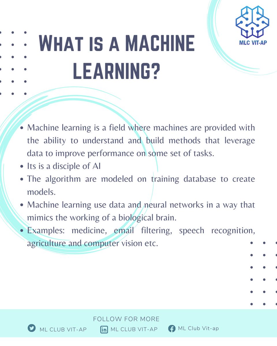 MLClub_VITAP's tweet photo. What is machine learning? Wanna Know What it is? Follow, Our Page for More Interesting things and for more technical stuff.
#instagram #post #viral #trending #ml #mlclub #vit #vitap #college #velloreinstituteoftechnology #mlcvitap #machinelearning #machinelearningtraining https://t.co/pJXdmd2lFK