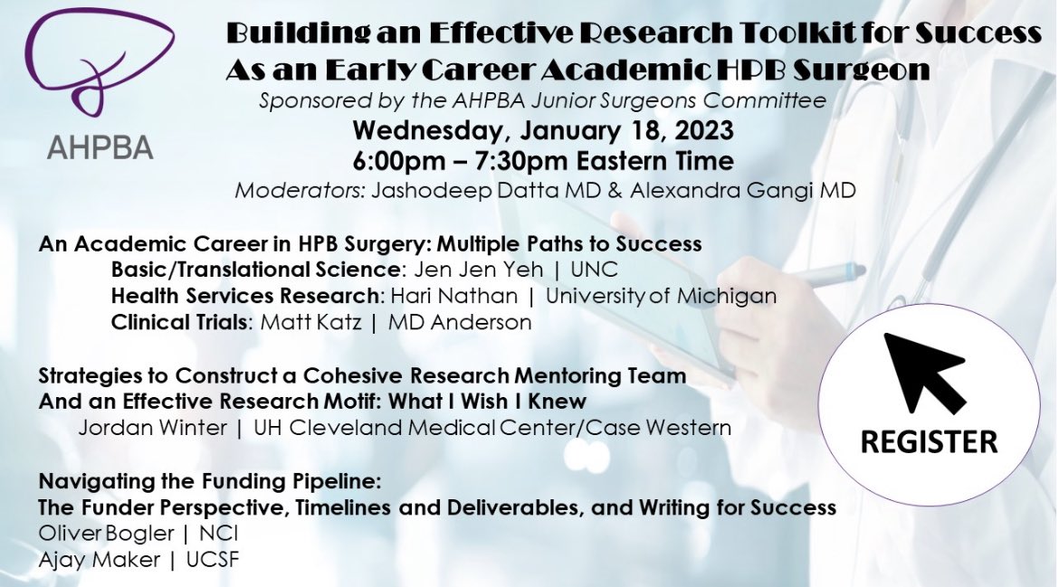 Jash Datta, MD (@drjashdatta) on Twitter photo Pls save the date 🗓 + register for the next “toolkit” webinar organized by the #JuniorSurgeons committee of <a href="/AHPBA/">AHPBA</a>—all🌟 lineup of speakers providing insight into building an effective RESEARCH toolkit as HPB surgeon➡️ survey.alchemer.com/s3/7117542/AHP… |Thrilled to co-lead w/ <a href="/AGangiMD/">Alexandra Gangi, MD</a> Pls save the date 🗓 + register for the next “toolkit” webinar organized by the #JuniorSurgeons committee of <a href="/AHPBA/">AHPBA</a>—all🌟 lineup of speakers providing insight into building an effective RESEARCH toolkit as HPB surgeon➡️ survey.alchemer.com/s3/7117542/AHP… |Thrilled to co-lead w/ <a href="/AGangiMD/">Alexandra Gangi, MD</a>