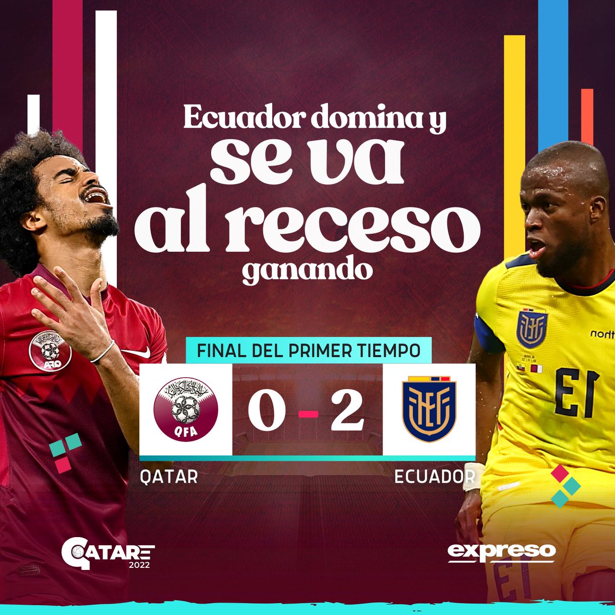 Expresoec's tweet photo. @LaTri FINAL DEL PRIMER TIEMPO.
-
Ecuador neutraliza, domina y gana 💛💙❤️ #LaTri se va al receso ganando 0-2 a Qatar en un encuentro legendario, que tiene como protagonista a Enner Valencia, nuestro héroe del gol 🇪🇨
-
Revisa todo sobre este partido inaugural 👉 https://t.co/VFMZ7Ew4tO https://t.co/bAQXv0GRb5