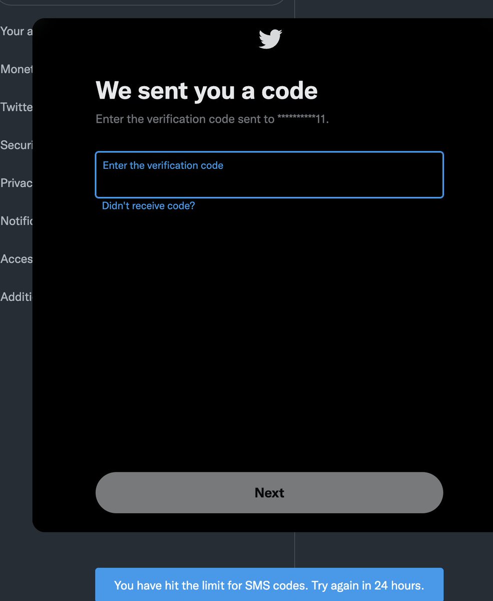 You've hit the limit for SMS codes... on the first try