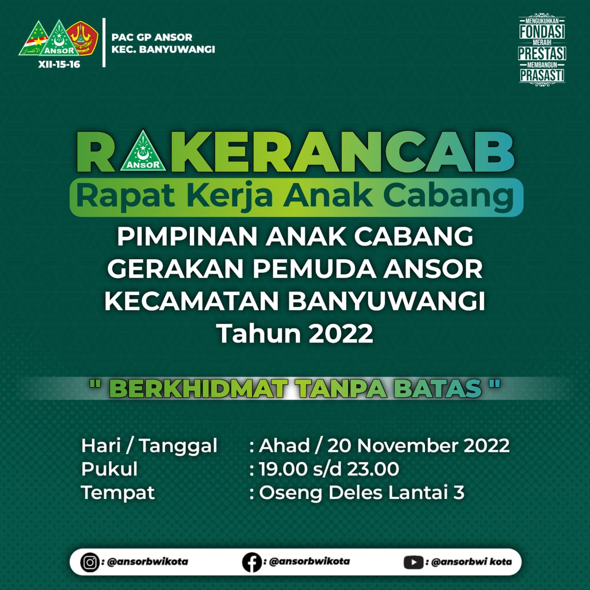 ansorbwikota's tweet photo. Rakerancab PAC GP ANSOR Kec. Banyuwangi Jilid I
《Media Resmi PAC GP Ansor Banyuwangi》
Instagram: ansorbwikota
Twitter: ansorbwikota
Facebook: GP ANSOR Banyuwangi KOTA
Youtube: ansorbwi kota
#pcnu #mwcnu #isnu #ipnu #ippnu #gpansor #banser #muslimat #fatayat https://t.co/mYEOYnU6mV