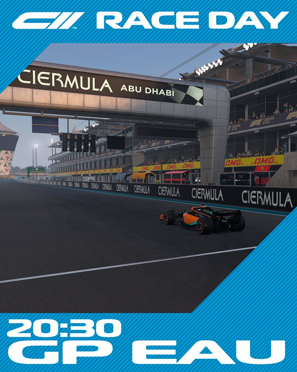 🏁 ¡RACE DAY!
🏆 Ciermula 2
🇦🇪 GP ABU DHABI

⌚ 20:30 PM (Hora peninsular)
📺 twitch.tv/Cierbot
🎙️ <a href="/Cierbot/">Cierbot</a>, <a href="/piitu22_/">piituyouknow</a>, <a href="/TimoRL_/">Timo??</a> y <a href="/PabloX_CS/">pxxblo.</a>

✨ Retransmisión + POVs Pilotos
ciermula.com/ciermula-2/Ret…