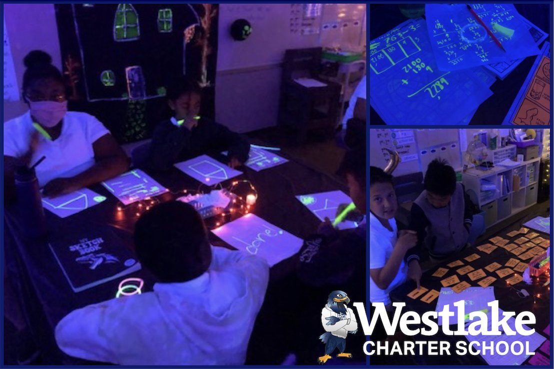 westlakecharter's tweet image. Fifth Graders in Mrs. Barnes had their classroom transformed into a SPOOKY space of learning on Halloween! This is a great example of #WCSJoyfulLearning. Who knew that learning could be so fun when you are writing with a highlighter that glows from blacklights?!