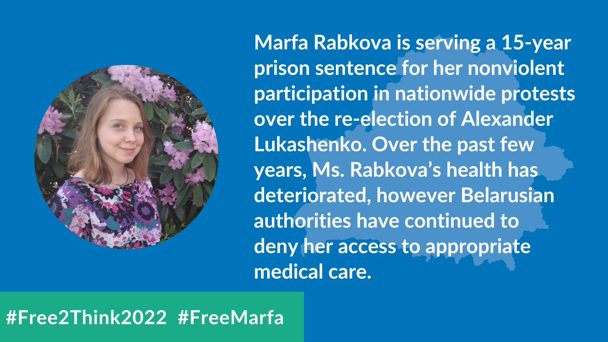 ScholarsAtRisk's tweet photo. #Belarus: #FreeMarfa Rabkova, a third-year student of international and EU law, sentenced to prison for non-violent expression. Learn more in #Free2Think2022: https://t.co/9IjvSmMTnA https://t.co/LQ2T0OxVfR