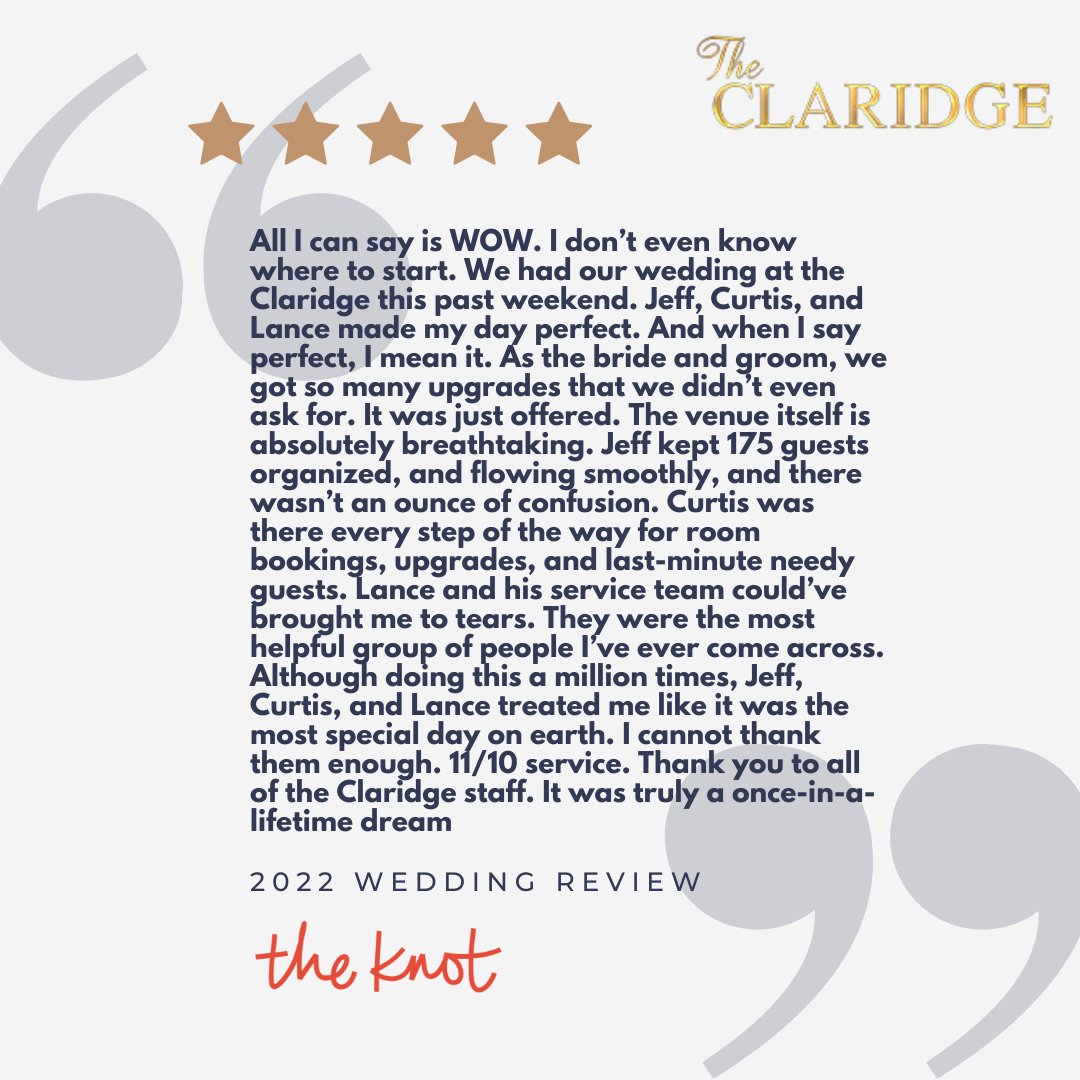 Another stellar review from one of our couples! Amazing service is at the heart of all we do. Let us make your wedding day one to remember! claridge.com