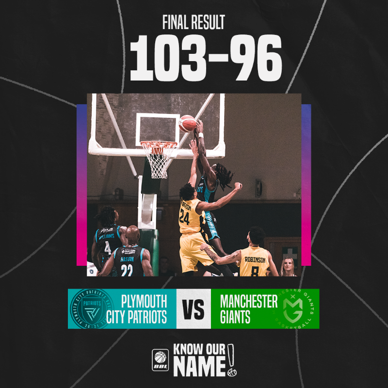 britishbasketm's tweet photo. GAME OF THE SEASON CONTENDER!

@PlymCityPatriot get the W in an absolute battle against @MCRGiants!

#KnowOurName #BritishBasketball