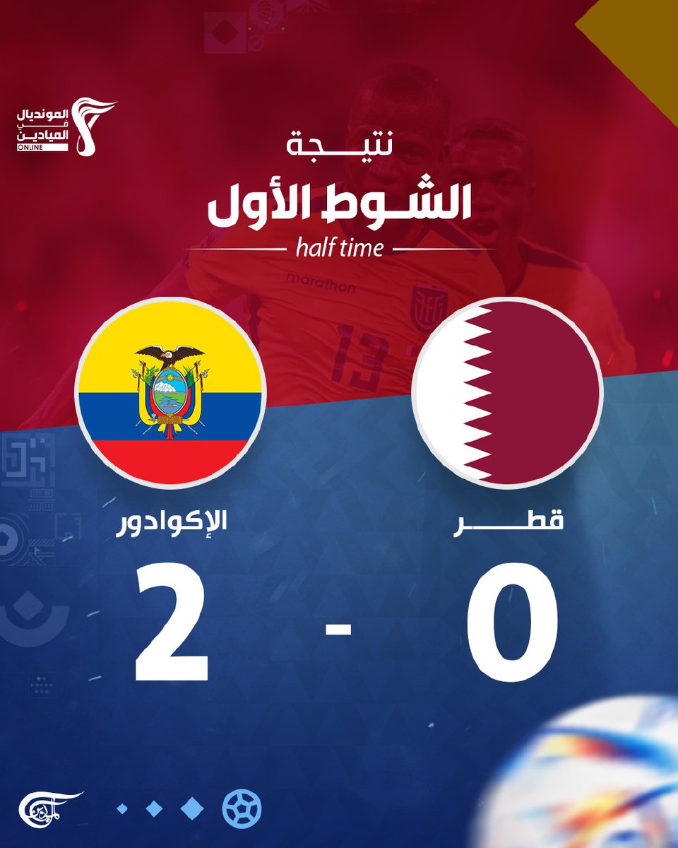 نهاية الشوط الأول بين #قطر و #الإكوادور بنتيجة 0-2  
 
#كأس_العالم_قطر_2022 
#كأس_العالم_2022 
#المونديال_في_الميادين 
#ميدان_المونديال 
#WorldCup2022 
#Qatar2022