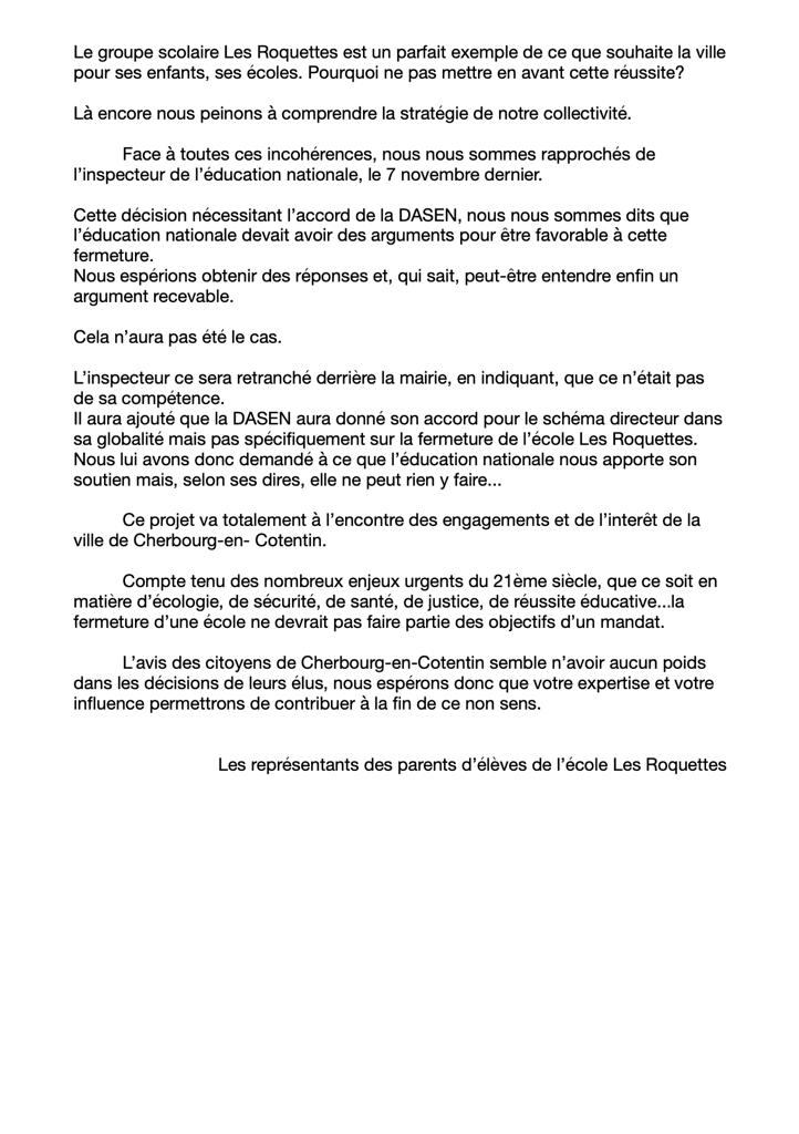 Lettre ouverte <a href="/l_amf/">AMF | Association des maires de France</a> des représentants des parents d’élèves de l’école les Roquettes <a href="/bfrancoise50/">Francoise Bruno</a> @Nicotentin <a href="/Gerard_Dufils/">DUFILS Gérard</a> <a href="/Sonia_Krimi/">Sonia Krimi</a> <a href="/JeanMichelMaghe/">Jean Michel Maghe</a> <a href="/CitoyensVille/">Citoyens dans la Ville</a> @Cercle_Cotentin @CoopCitoyenne @PassionCommune <a href="/Prefecture50/">Préfet de la Manche 🇫🇷</a> <a href="/education_gouv/">Ministère Éducation nationale</a> <a href="/LaPresseManche/">La Presse de la Manche</a> <a href="/OFCherbourg/">OF Cherbourg</a>