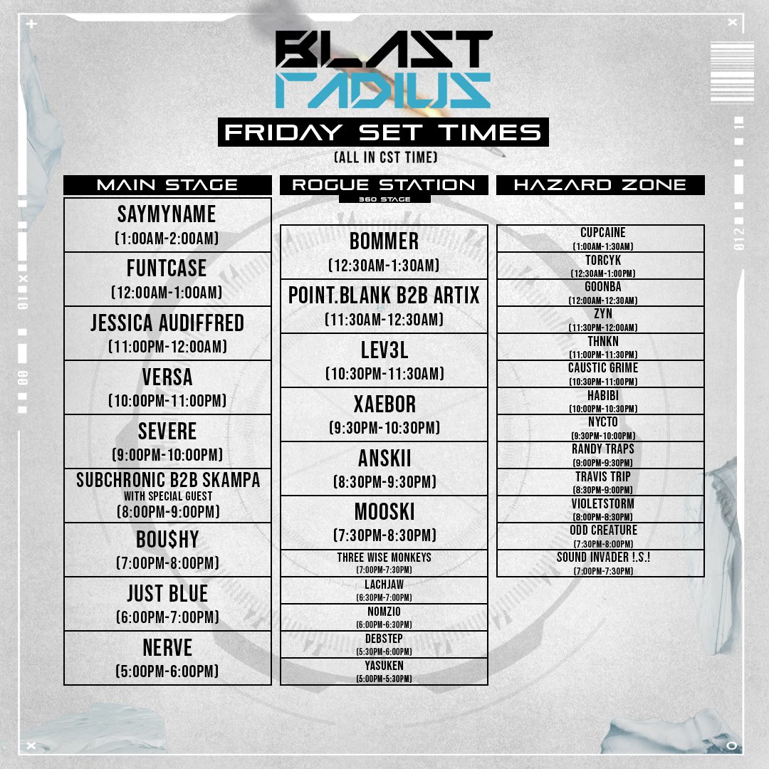 BlastRadiusFest's tweet image. 🚨SET TIMES ARE HERE!!🚨
Like this post + tag a friend for a chance to win a pair of tickets!
•
•
•
•
#BlastRadius #Festival #Riddim #Dubstep #Bass #Electronic #Dance #Music #Rave #Dub #Wub #Excision
