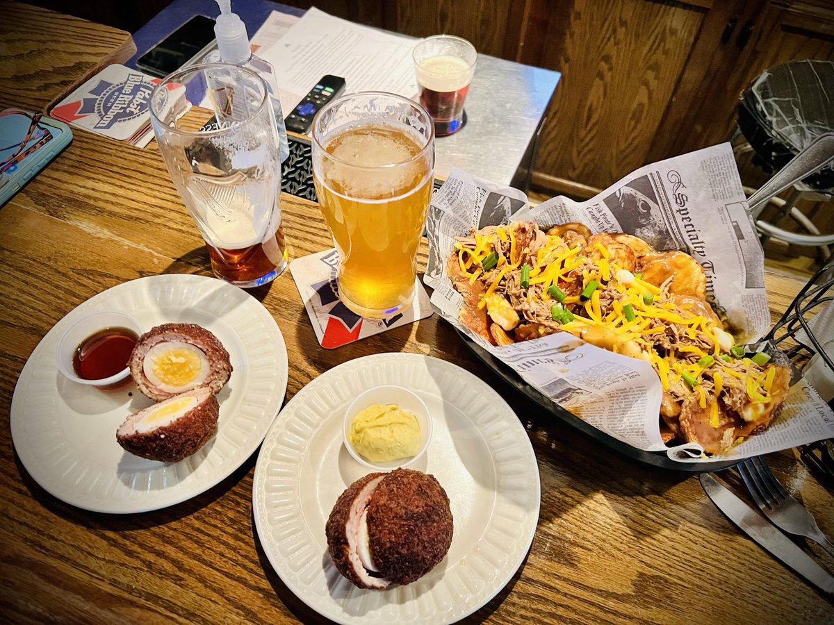 GVKitchenBitch's tweet photo. During #girlstrip with my #bff, we headed to the #northwoods for a long weekend.  Stopped at https://t.co/lenbcB87GX to meet old friends and try new food.  I have never had a #scotchegg before, so I had to try, along with #poutine. https://t.co/U3PmbtSJT3