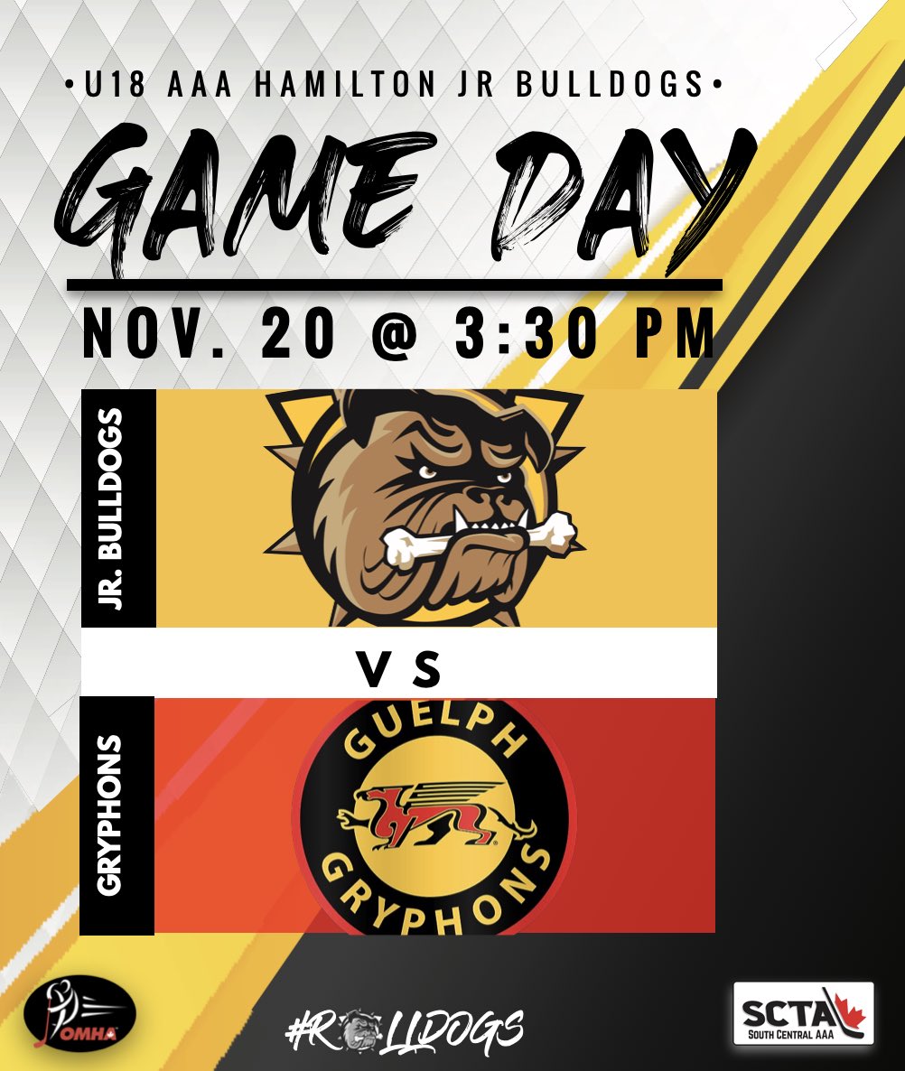 U18AAABulldogs's tweet photo. It’s Game Day today! The boys look to bounce back from Friday’s loss to Oakville as they take on the Guelph Gryphons at Gateway today at 3:30pm. Come support the boys and pack the barn! #rolldogs #dawgmentality #backtobusiness 🐶 https://t.co/Yb70xv95zB