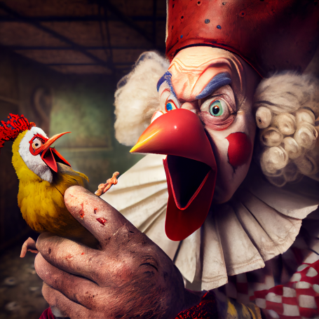 CommerceImplied's tweet image. the clown was supposed to be throttling the chicken, but I couldn&apos;t get A.I. to put his hand around chicken neck / throat for the life of me...  the more I tried, the more it evolved the clown into a chicken ! ?  What the ...
(Return of Dr. Sausage Fingers)
#AIoops