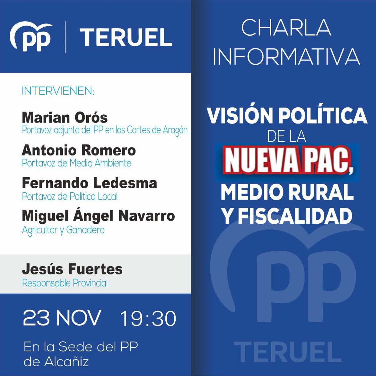 🔹El próximo miércoles, tenemos una charla informativa que se va a realizar en la Sede del PP de #Alcañiz. ¡Os esperamos!👍🏻