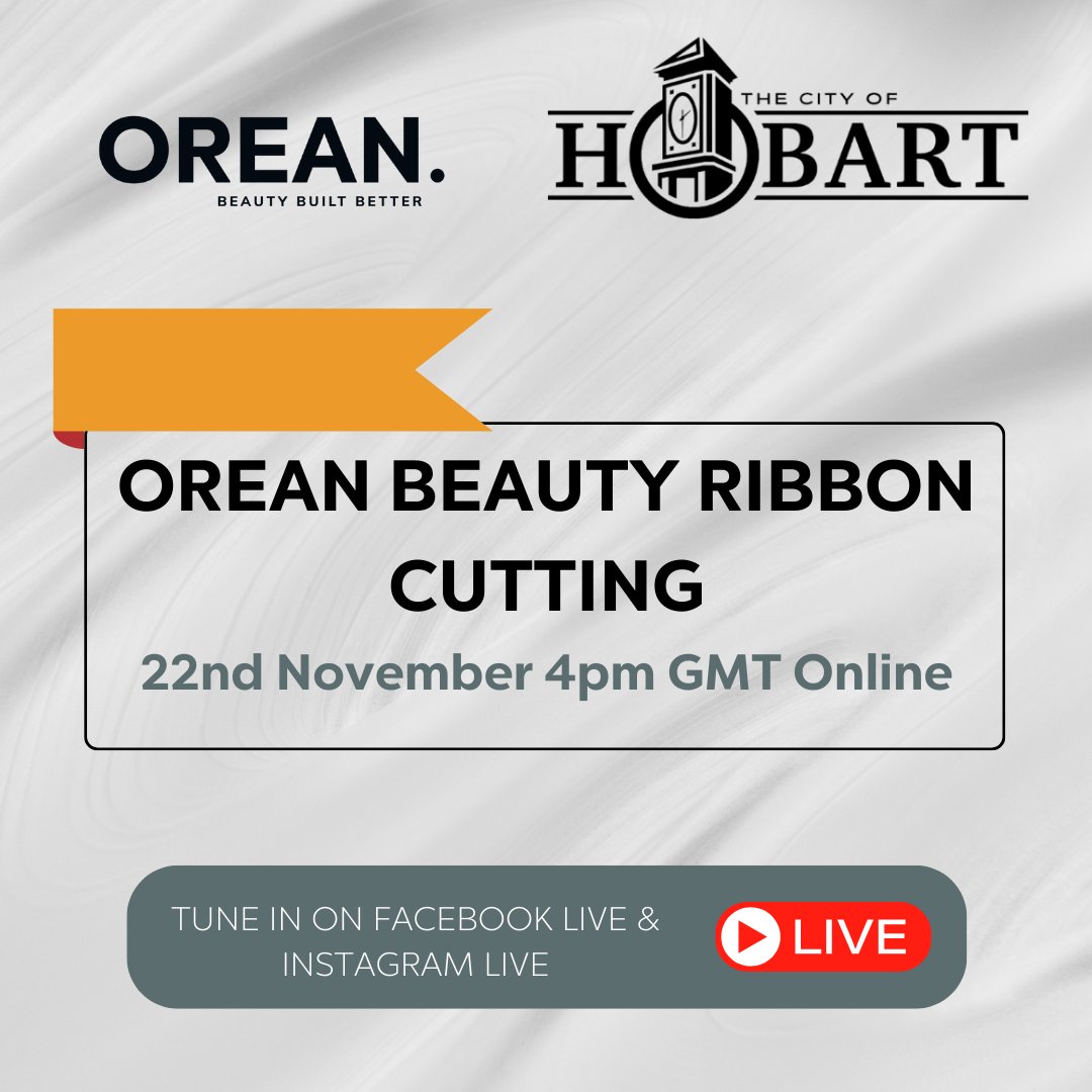 weareorean's tweet photo. We are officially open in Hobart!📣 

In collaboration with the city, we are excited to announce our ribbon-cutting ceremony on Tuesday 22nd of November at 4 PM (GMT).

Join us at the event live on Facebook and Instagram!

We can’t wait to see you there!

#BeautyBuiltBetter https://t.co/h0Vv0Fo8s7