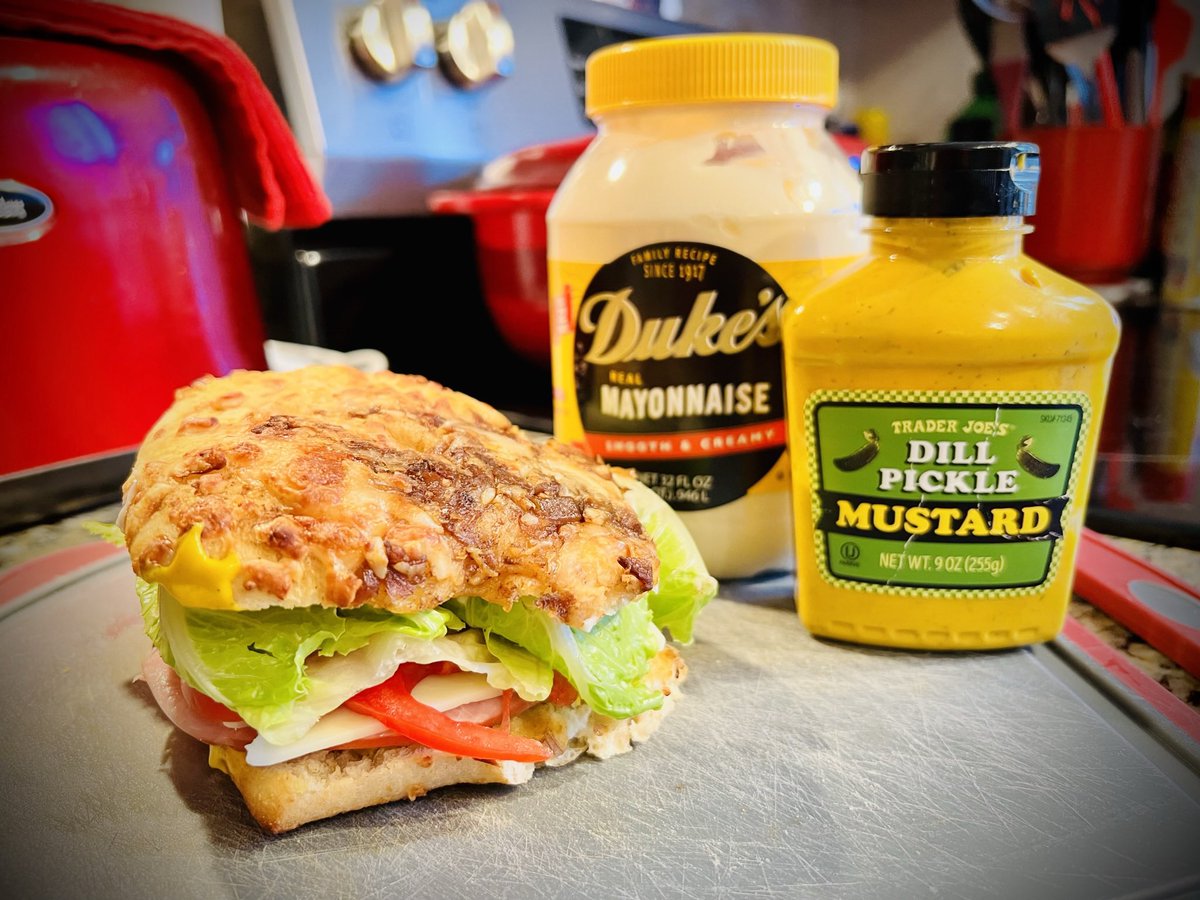 GVKitchenBitch's tweet photo. Absolutely ❤️ #traderjoes #dillpicklemustard.  Best on a @ViennaBeef #jumbohotdog but guess this ham and cheese sandwich on #traderjoesfrenchonionfocaccia will have to do! https://t.co/e1mdmrgFNR