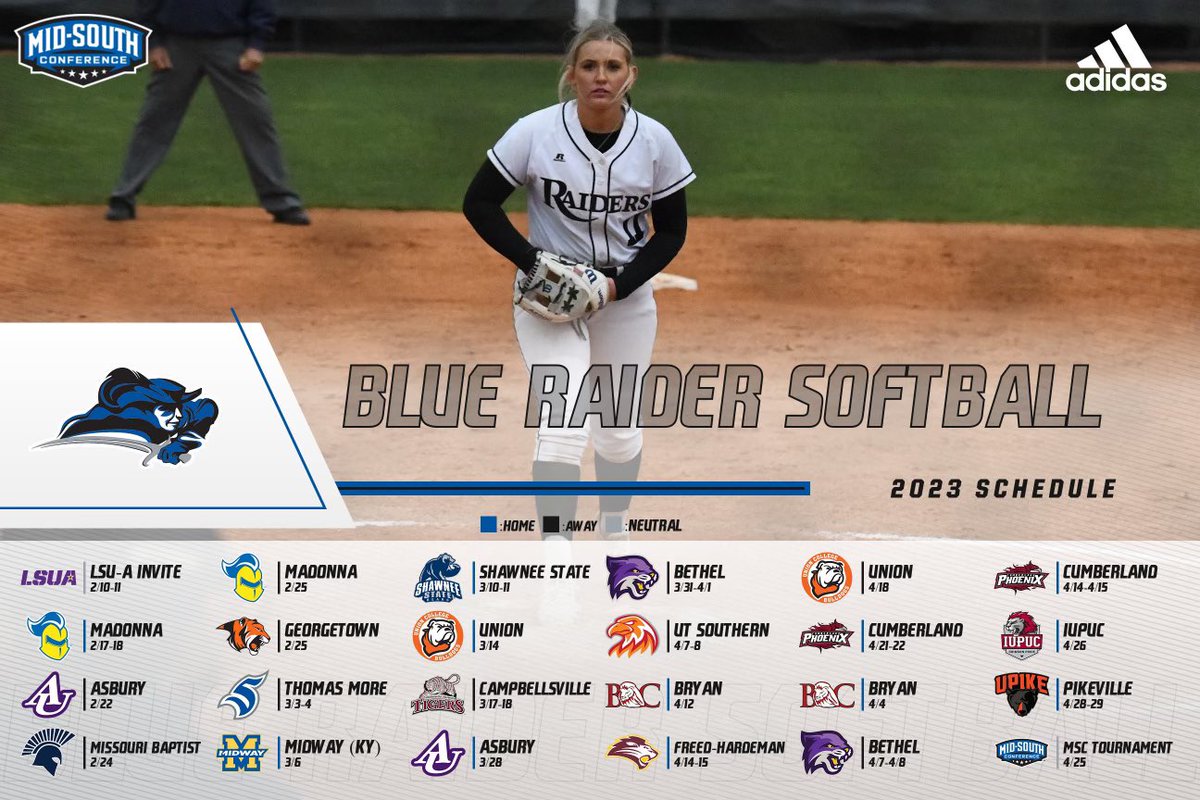 Mark your calendars 🗓 Here’s your 2023 LWC Softball Schedule!

#GoBlueRaiders ⚔️