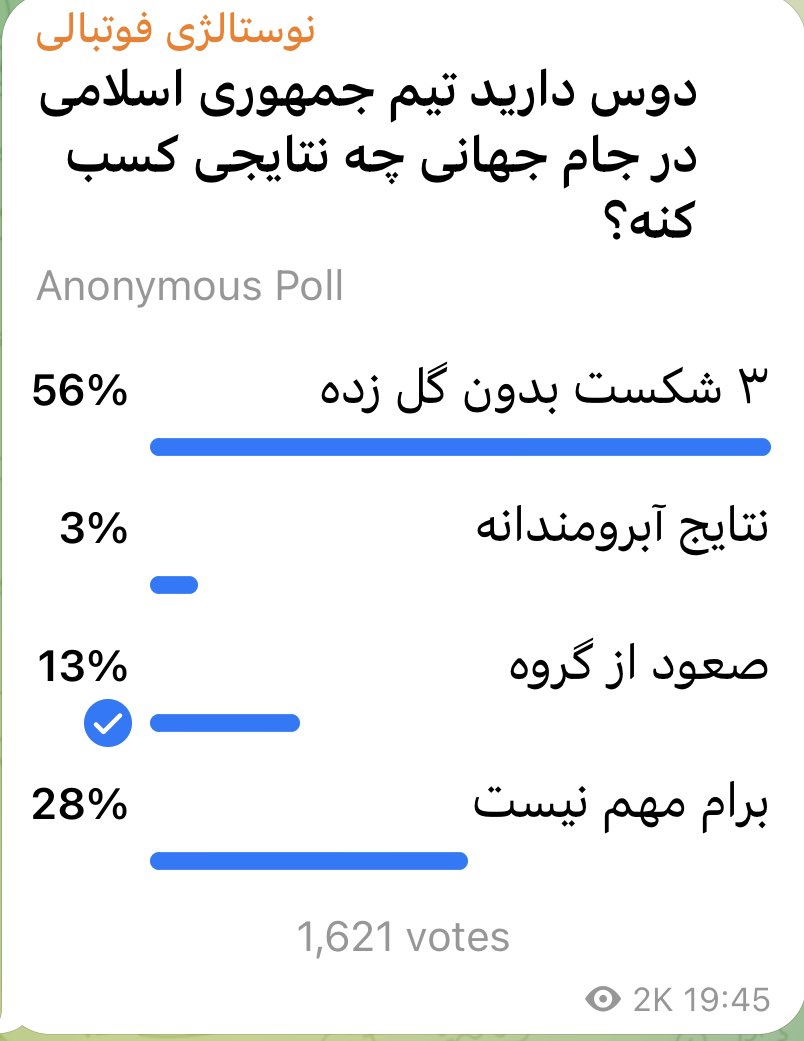javadimr's tweet photo. ۵۶درصدی که دوست دارند تیم ملی با «سه شکست بدون گل زده» به کشور برگردد، نه دشمن تیم ملی هستند، نه دشمن ایران؛ فقط دلگیرند. دو ماه است اعتراض می‌کنند، ولی حس می‌کنند با نادیده انگاشته‌شدن، تحقیر شده‌اند و غضب‌شان را متوجه تیم ملی کرده‌اند. گاهی فقط باید مردم را درک کرد! https://t.co/brxZvnln9M