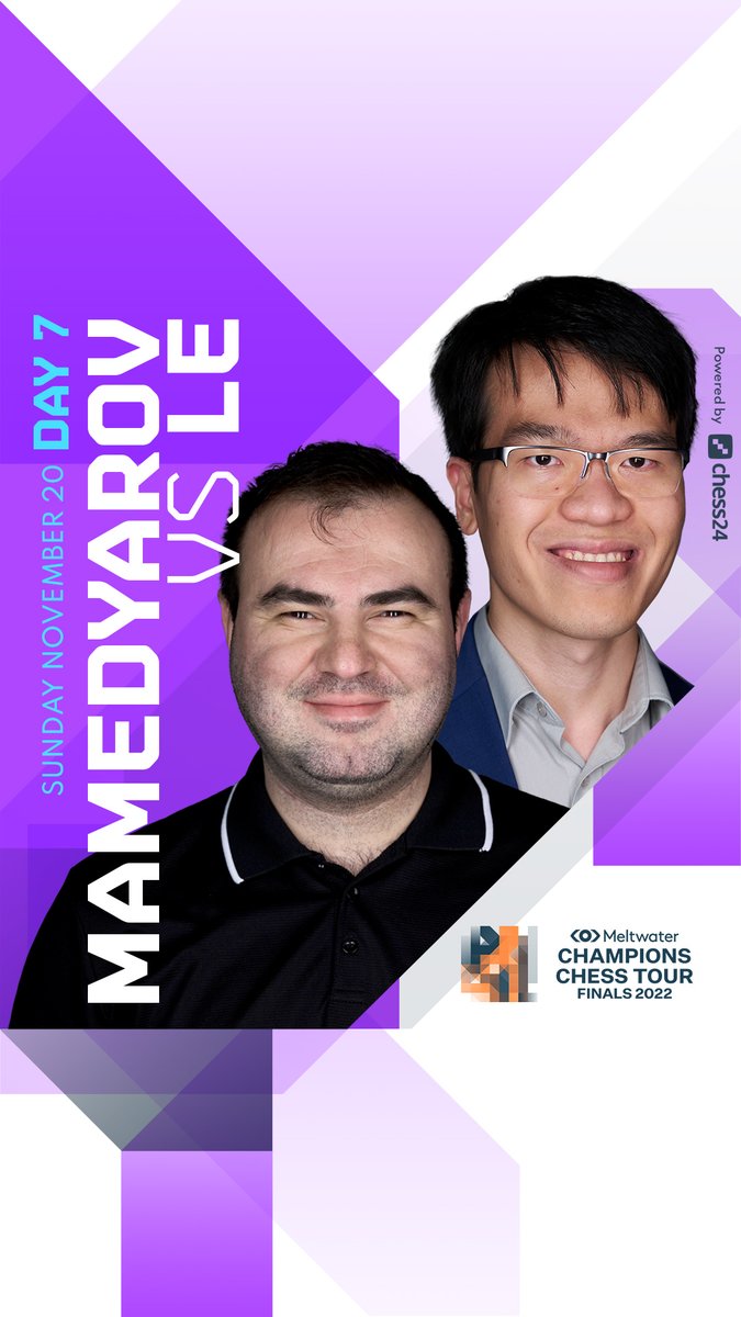 Meltwater champions Chess Tour 2022 Finals Final day vs @LiemChess 21:00 CET chess24.com/en/watch/live-… #ChessChamps