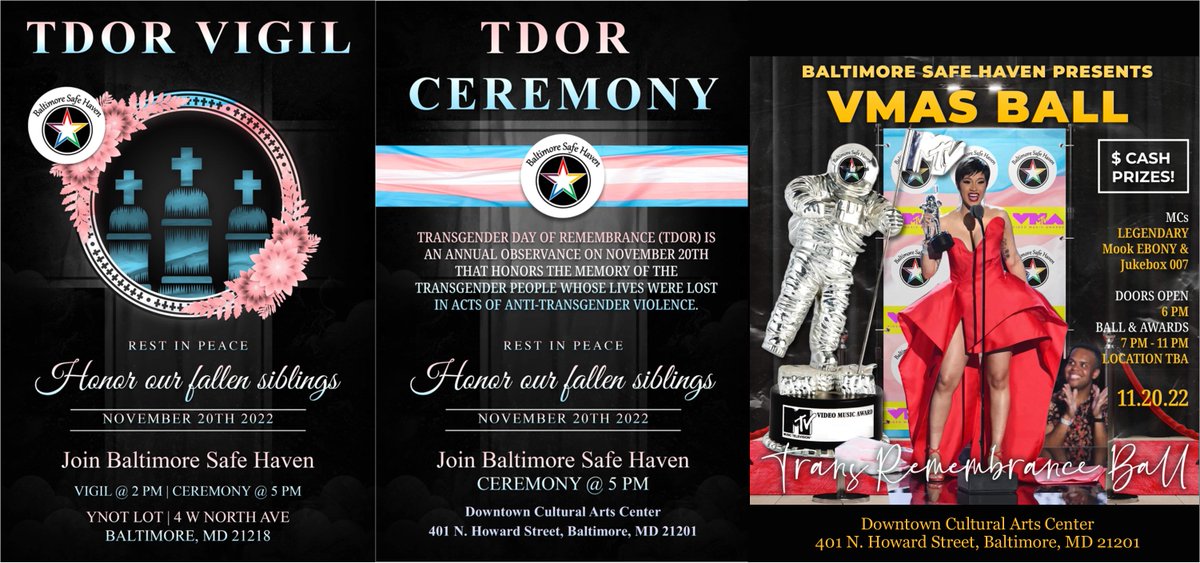 TDORBmore's tweet photo. Baltimore observes Transgender Day of Remembrance 11/20. 2pm YNOT Lot Vigil; 5pm Downtown Cultural Arts Center, Ceremony; 7pm TDOR Ball. Join us!  #TDoR2022  #TransLivesMatter #SayTheirNames https://t.co/1EEukhJGGf