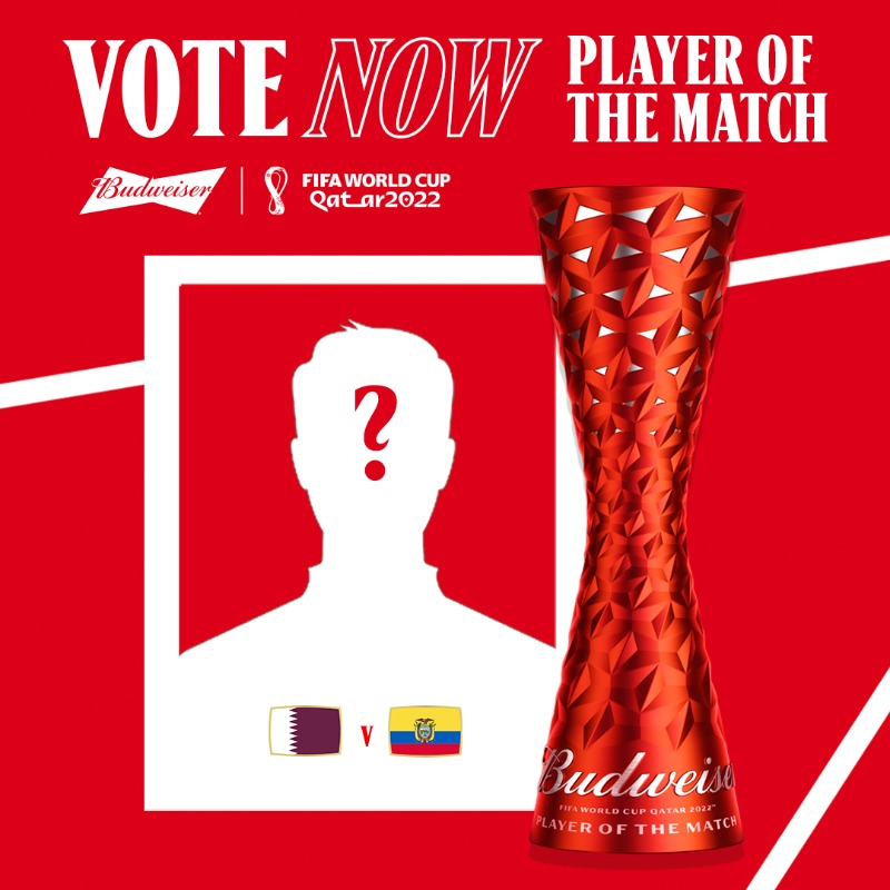 Budweiser's tweet photo. The first game of the FIFA World Cup = your first chance to select the #Budweiser Player of the Match.

📲 Voting is now open, pick your #POTM!

#YoursToTake #BudweiserWorldCup