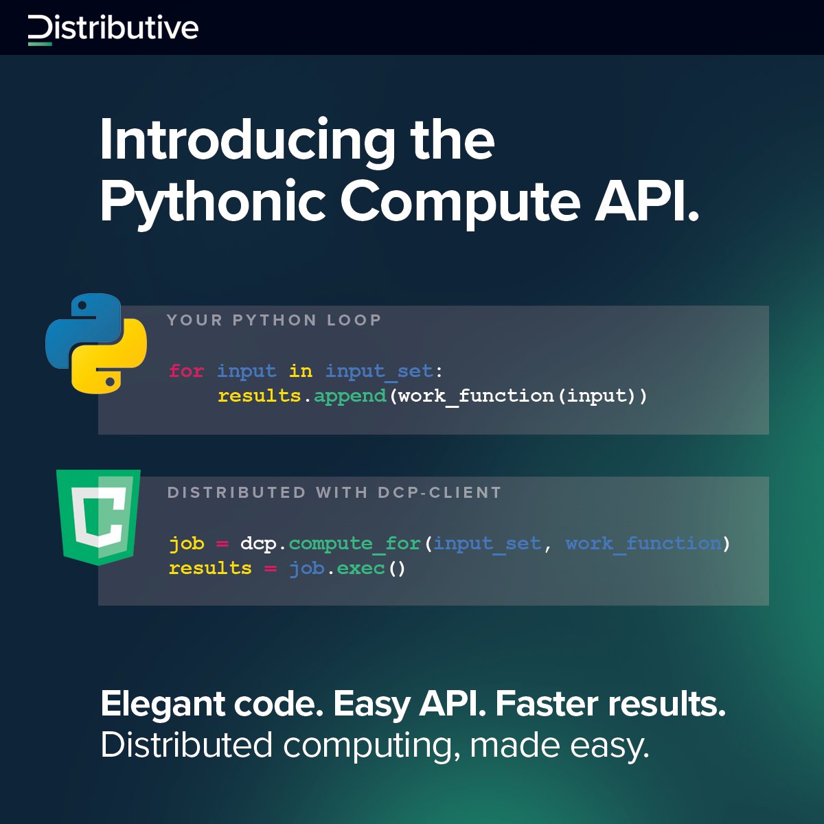 Some very big news: the Distributive Compute Protocol (DCP) now supports #python workloads and all of the major Python libraries like #numpy, #Scipy, #TensorFlow, #PyTorch, #OpenCV, and more (thank you Pyodide!) via our new pythonic Compute API.
Distributed computing, made easy.