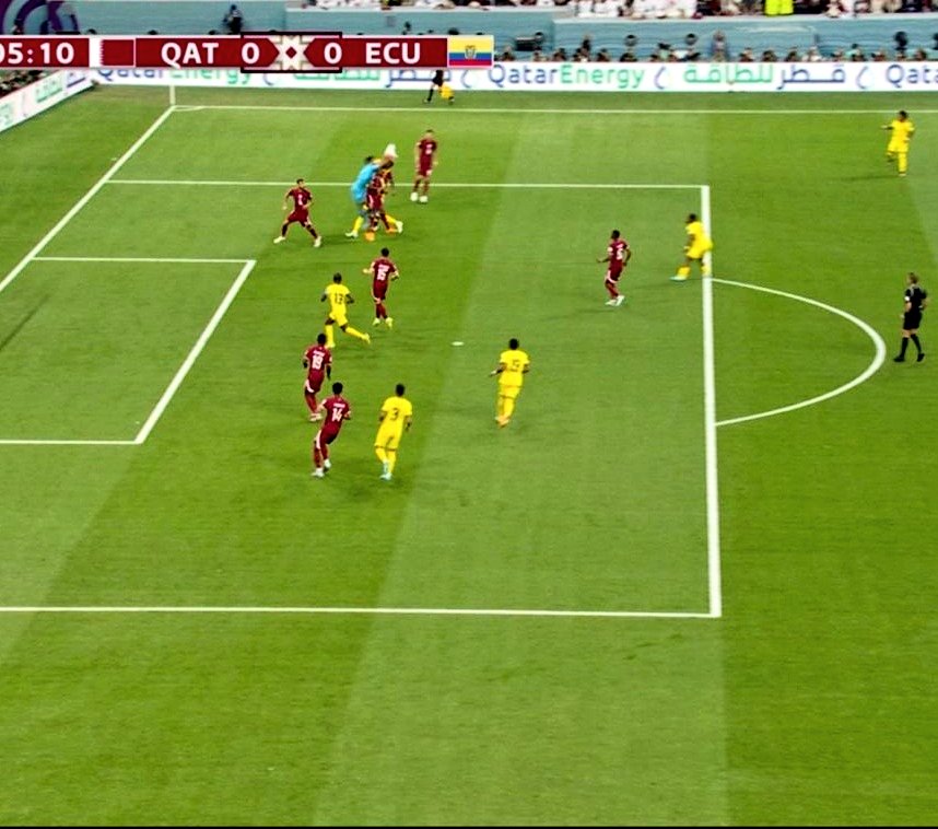 Azisprite's tweet image. #VAR #QatarWorldCup2022 so they're judging the guy who heads it as being offside because his foot is forwards.... But it's when the ball is kicked to him that counts and he was outside the box!