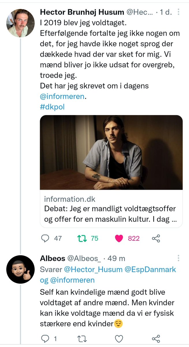 EspDanmark's tweet photo. Skal vi ikke aftale at i det kommende år indtil næste Internationale Mændenes Dag så arbejder vi alle for at stereotype forestillinger om mænd som ofre bliver sagt imod? Hver. Gang.
Mænd kan være ofre for #voldtægt og #partnervold og de skal ikke kæmpe med latterliggørelse oveni. https://t.co/YisvaNeRbb