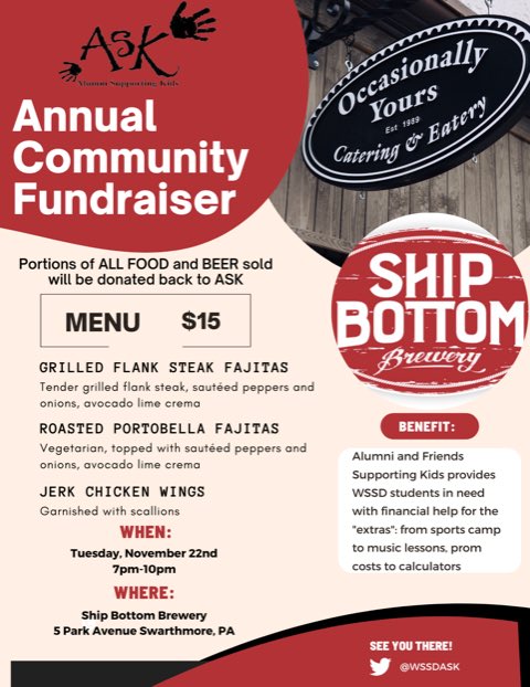 StrathHavenHS's tweet photo. ASK Community Fundraiser is Tuesday, 11/22 from 7-10pm at Ship Bottom Brewery! Come out and have a drink, something to eat and help support WSSD students! See you there! #HavenProud 

Info ⬇️ https://t.co/G0QT42GaUZ