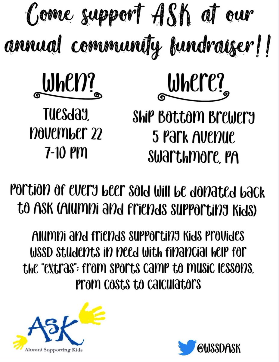 StrathHavenHS's tweet photo. ASK Community Fundraiser is Tuesday, 11/22 from 7-10pm at Ship Bottom Brewery! Come out and have a drink, something to eat and help support WSSD students! See you there! #HavenProud 

Info ⬇️ https://t.co/G0QT42GaUZ