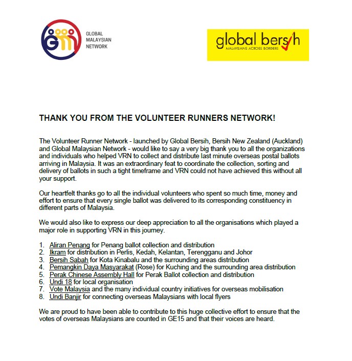 A heartfelt thank you from the Volunteer Runners Network (VRN) to the organisations and individuals who helped VRN to collect and distribute last-minute overseas postal ballots arriving in Malaysia. We couldn't have made it without you! '𝗔' for team effort! 

#GE15 #UndiPos
🧵👇